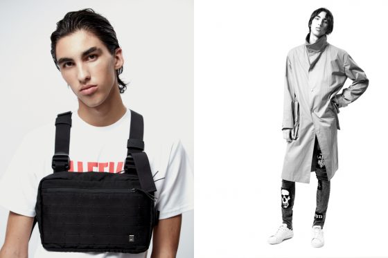 Left:T-shirt and chest rig ALYX.Right : Coat Margiela, denim El Local de Charlotte, sneakers Adidas Stan Smith.
