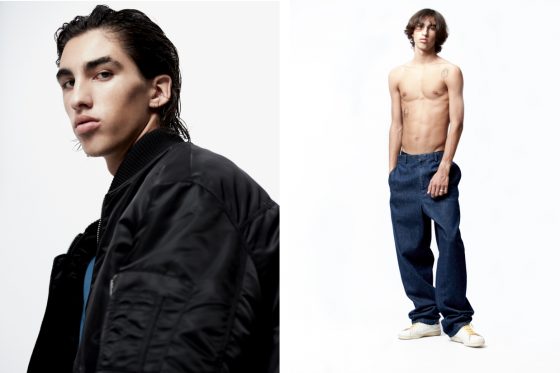 Left: T-shirt Cav Empt, Bomber Jacket Raf Simons. Right: Trousers Raf Simons, sneakers Adidas Stan Smith.