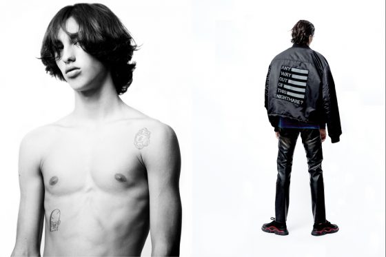 Right : Bomber Jacket Raf Simons ,T-shirt Cav Empt, leather trousers Replay, sneakers Raf Simons for Adidas.